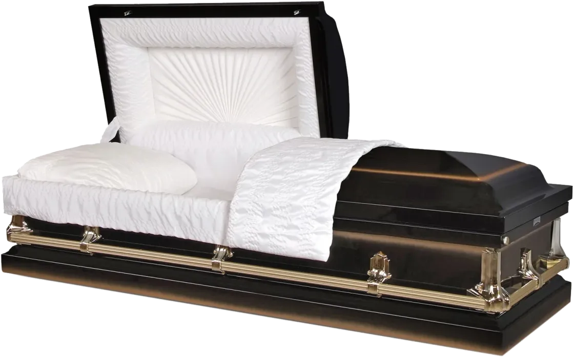 Warren Ebony casket, 20 gauge steel, black and gold finish, fixed bar hardware