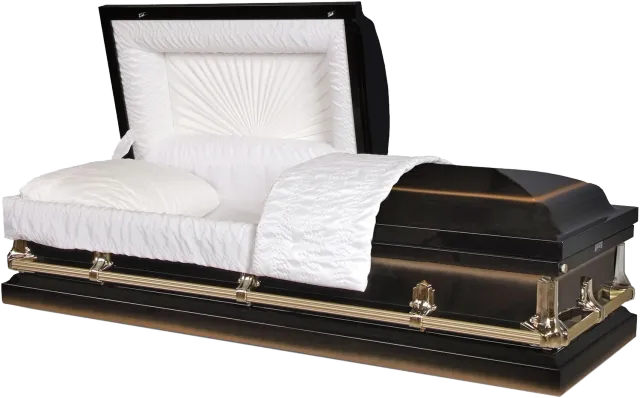 Warren Ebony casket, 20 gauge steel, black and gold finish, fixed bar hardware