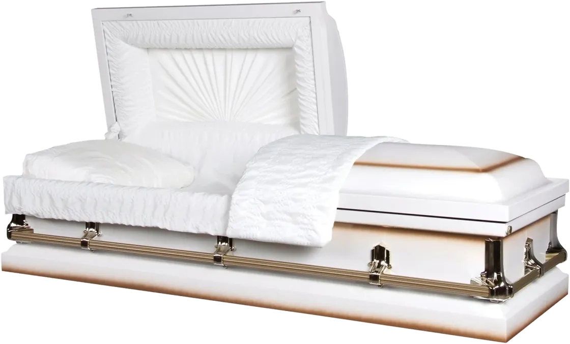 Warren White casket, 20 gauge steel, white and gold finish, fixed bar hardware
