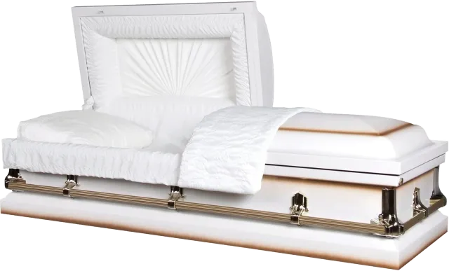 Warren White casket, 20 gauge steel, white and gold finish, fixed bar hardware