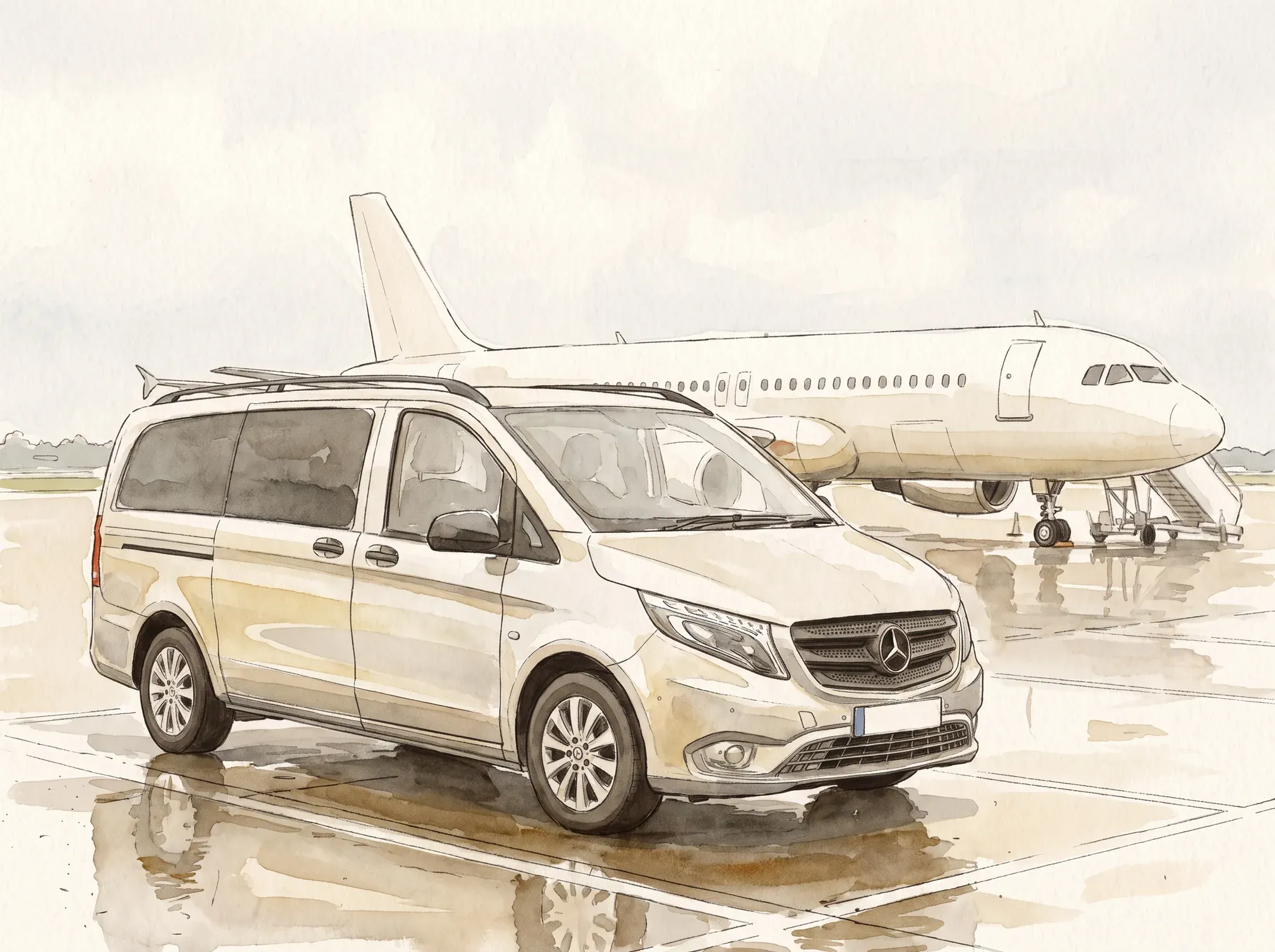 Our funeral ambulance on an airport apron, a plane behind it