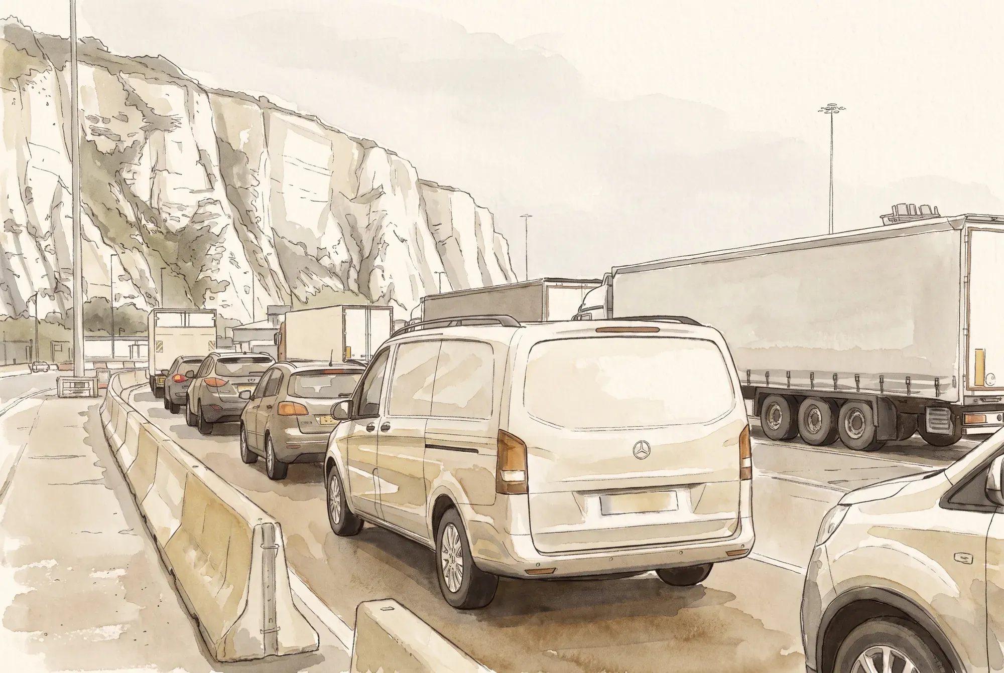 Our funeral ambulance at the port of Dover, the white cliffs behind it