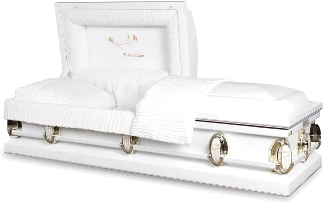 White Devotional casket, 20 gauge steel, winterbloom finish, fixed bar hardware
