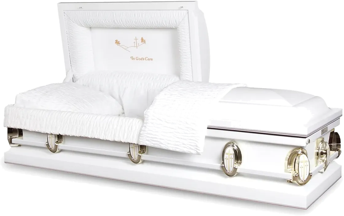 White Devotional casket, 20 gauge steel, winterbloom finish, fixed bar hardware