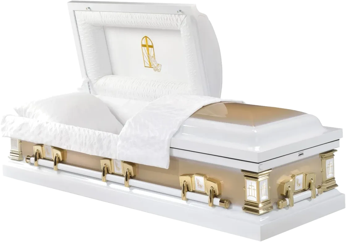 White Gold Praying Hands casket, 20 gauge steel, white gold finish