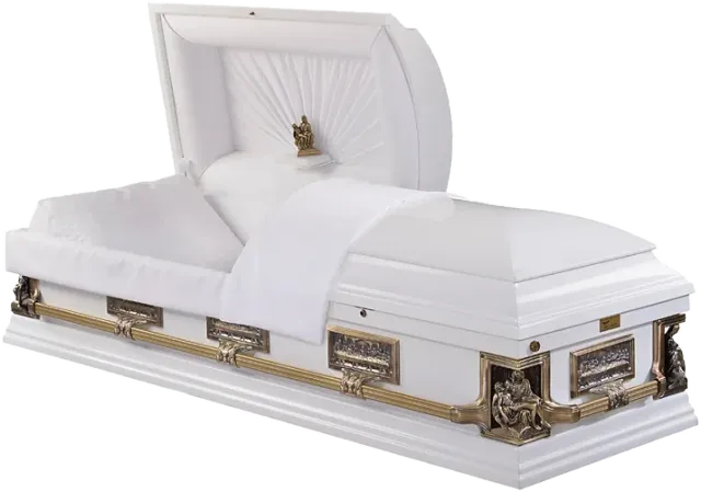 White Pieta Poplar casket, solid poplar, pure white, high gloss finish